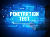 Young business person working on tablet and shows the digital sign: PENETRATION TEST.
