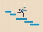 Project management waterfall to track complete tasks and workflow to deliver or launch within target timeline concept, businessman project manager with winning flag jump on project management diagram.