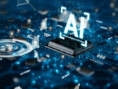 A circuit board with the word AI hovering above.