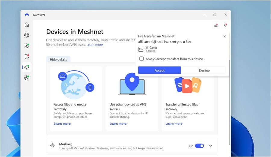 Receiving a file via NordVPN’s Meshnet.