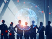 Group of people standing in lobby and global communication network concept.