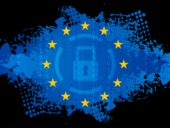 Grunge illustration of the EU stars, binary codes and closed lock icon.