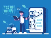 Flat vector illustration of a developer presenting an AI system.