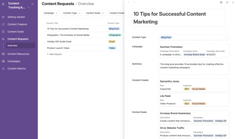 A sample content request intake form on Airtable for a blog post titled 10 tips for successful content marketing.Â