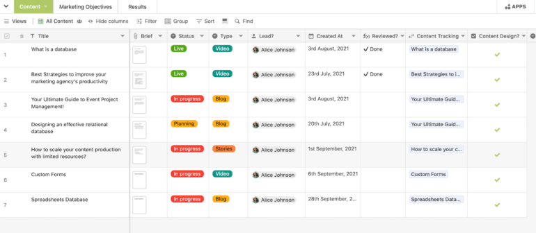 A Stackby project board showing title of a task, its status, type of content, and other columns for organization.Â