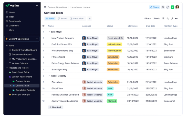 A Wrike dashboard with views and folders in a navigation menu on the left and tasks assigned by status and assignee in the main window.Â