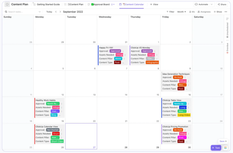A ClickUp monthly calendar view showing seven ideas scheduled with multiple color-coded tags for each one.