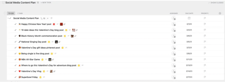 List of social media post ideas, including a due date and emojis for each one.Â