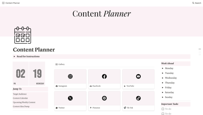 A pink-themed content planner template with a calendar icon, days of the week, and tabs for six different social media channels with a clickable icon for each one.Â